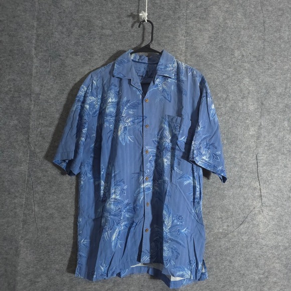 Tommy Bahama Silk Camp Shirt Men L Button Up Blue Floral Hawaiian Aloha Vacation - Picture 1 of 10